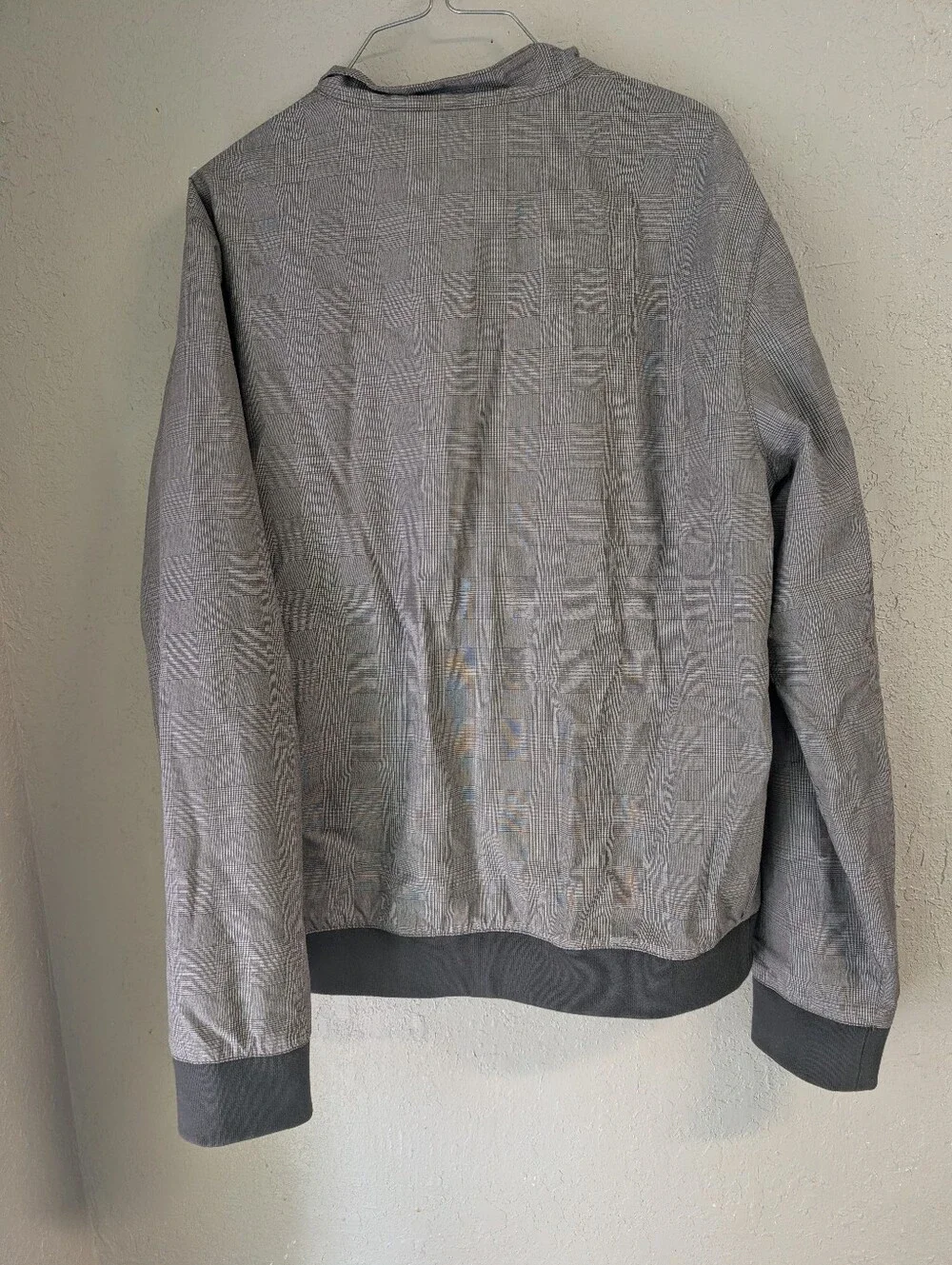 Banana Republic Checkered Bomber Jacket L Gray Pockets Collar Ribbed Cuffs